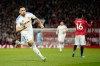 Leeds' Noah Okafor celebrates after scoring during the Premiier League soccer match between Manchester United and Leeds in Manchester, England, Monday, April 13, 2026. (AP Photo/Dave Thompson)
