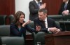 Alberta Premier Danielle Smith and Finance Minister Nate Horner speak before delivering the 2024 budget in Edmonton, Thursday, Feb. 29, 2024. THE CANADIAN PRESS/Jason Franson.