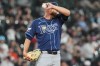 Tampa Bay Rays starting pitcher Shane McClanahan wipes his face during the third inning of a baseball game against the Chicago White Sox in Chicago, Tuesday, April 14, 2026. (AP Photo/Nam Y. Huh)