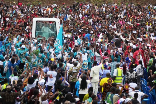 Pope Leo XIV arrives to celebrate Mass at Bamenda Airport, Cameroon, Thursday, April 16, 2026, on the fourth day of his 11-day pastoral visit to Africa. (AP Photo/Andrew Medichini)
