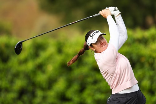 Hannah Green hits from the fourteenth tee during the first round of the LPGA's JM Eagle L.A. Championship golf tournament at El Caballero Country Club Thursday, April 16, 2026, in Los Angeles. (AP Photo/Jessie Alcheh)