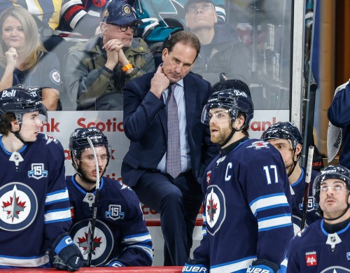 Winnipeg Jets head coach Scott Arniel reacts on the bench against the San Jose Sharks during third period NHL action in Winnipeg, Thursday, April 16, 2026. THE CANADIAN PRESS/John Woods