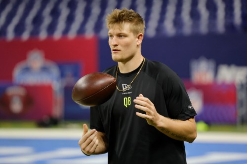 Free agent quarterback Taylor Elgersma prepares for a drill at the NFL football scouting combine, Thursday, Feb. 26, 2026, in Indianapolis. (Gregory Payan/AP Content Services for NFL)