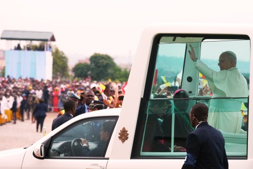 Pope Leo XIV arrives to celebrate Mass at Yaounde Ville Airport, Cameroon, Saturday, April 18, 2026 on the sixth day of his 11-day pastoral visit to Africa. (AP Photo/Andrew Medichini)
