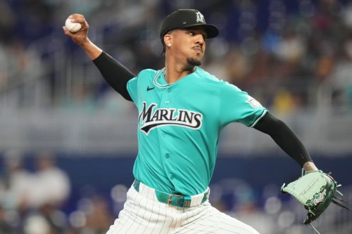 Miami Marlins starting pitcher Eury Perez throws during the first inning of a baseball game against the Milwaukee Brewers, Sunday, April 19, 2026, in Miami. (AP Photo/Lynne Sladky)