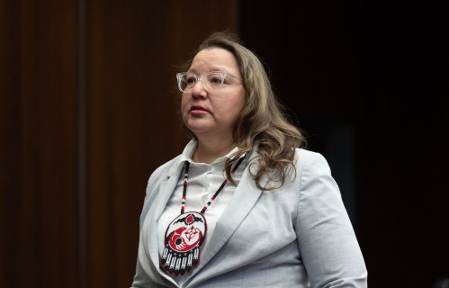 Assembly of First Nations National Chief Cindy Woodhouse Nepinak waits to appear at the Standing Committee on Indigenous and Northern Affairs in Ottawa, Thursday, Feb. 12, 2026. THE CANADIAN PRESS/Adrian Wyld