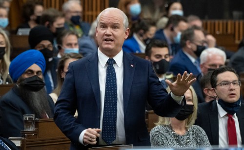 Conservative leader Erin O’Toole rises during question period on Dec. 8, 2021, in Ottawa. THE CANADIAN PRESS/Adrian Wyld