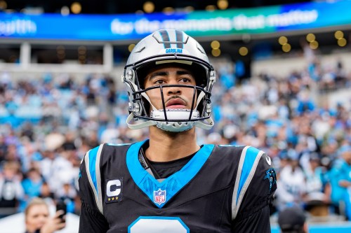 FILE - Carolina Panthers quarterback Bryce Young (9) looks on before an NFL wild-card playoff football game between the Carolina Panthers and the Los Angeles Rams, Jan. 10, 2026, in Charlotte, N.C. (AP Photo/Jacob Kupferman, File)