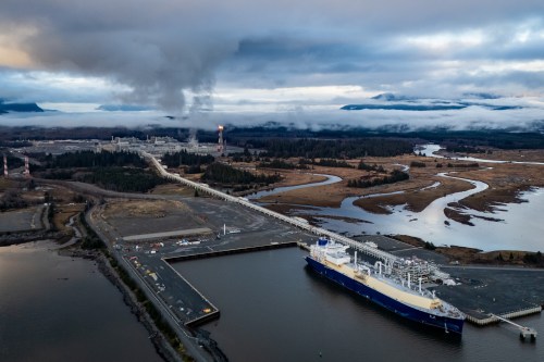Wudang, a liquefied natural gas (LNG) tanker, fills up at an LNG Canada facility, in an aerial view, in Kitimat, B.C., on Thursday, Nov. 13, 2025. THE CANADIAN PRESS/Ethan Cairns