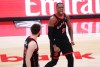 Toronto Raptors' RJ Barrett (9) celebrates a basket against the Cleveland Cavaliers with Jamison Battle (77) during second half NBA playoff basketball action in Toronto on Thursday, April 23, 2026. THE CANADIAN PRESS/Nathan Denette