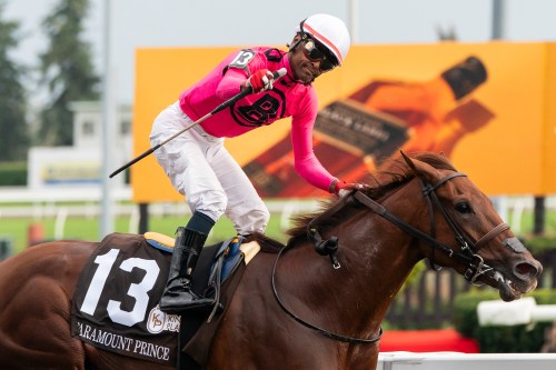 Patrick Husbands aboard Paramount Prince celebrates after winning the 164th running of the Kings’s Plate horse race in Toronto on Sunday, August 20, 2023. THE CANADIAN PRESS/Spencer Colby
