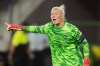 FILE - Houston Dash goalkeeper Jane Campbell (1) gestures during an NWSL soccer match against the Angel City FC, Friday, March 27, 2026, in Los Angeles. (AP Photo/Kyusung Gong, File)
