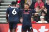 Nottingham Forest's Igor Jesus, right, celebrates scoring their fourth goal of the game with teammate Ibrahim Sangare during the Premier League soccer match between Sunderland and Nottingham Forest, Friday, April 24, 2026, in Sunderland, England. (Owen Humphreys/PA via AP)