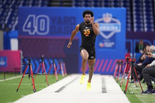 FILE - Mississippi wide receiver De'Zhaun Stribling (35) runs a drill at the NFL football scouting combine in Indianapolis, Feb. 28, 2026. (AP Photo/Michael Conroy, Fiel)