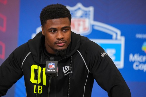 FILE - Georgia linebacker CJ Allen (01) speaks during a press conference at the NFL football scouting combine in Indianapolis, Feb. 25, 2026. (AP Photo/Michael Conroy, File)