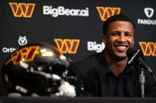 Washington Commanders first-round draft pick linebacker Sonny Styles speaks during a news conference at the team's NFL practice facility Friday, April 24, 2026, in Ashburn, Va. (AP Photo/Mark Schiefelbein)
