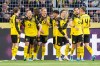 Dortmund's Serhou Guirassy, third from left, celebrates with teammates after scoring his side's second goal during the German Bundesliga soccer match between Borussia Dortmund and SC Freiburg in Dortmund, Germany, Sunday, April 26, 2026. (AP Photo/Martin Meissner)