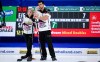 Team Sahaidak/Lott skip Kadriana Sahaidak, left, and third Colton Lott discuss strategy while playing Team Einarson/Gushue during the Canadian Mixed Doubles Curling Championship final in Calgary, Alta., Thursday, March 25, 2021.THE CANADIAN PRESS/Jeff McIntosh