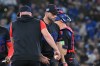 Toronto Blue Jays pitcher Max Scherzer, centre, is taken out of the game in the third inning of the game against the Cleveland Guardians by manager John Schneider, left, in Toronto on Friday, April 24, 2026. THE CANADIAN PRESS/Jon Blacker