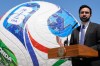 New York City Mayor Zohran Mamdani speaks in front of a large soccer ball during a news conference in the Staten Island borough of New York, Monday, April 27, 2026. (AP Photo/Seth Wenig)