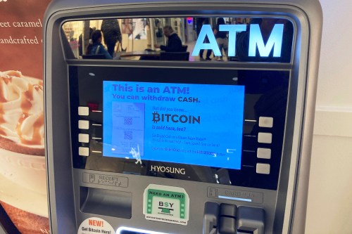 FILE - Bitcoin is for sale at an Automated Teller Machine at the Westfield Garden State Plaza shopping mall in Paramus, New Jersey, on Monday, March 13, 2023. (AP Photo/Ted Shaffrey, File)