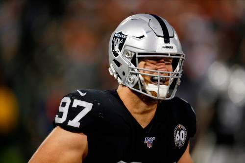 FILE - Oakland Raiders defensive end Josh Mauro (97) during the first half of an NFL football game against the Denver Broncos on Sept. 9, 2019, in Oakland, Calif. (AP Photo/D. Ross Cameron, File)