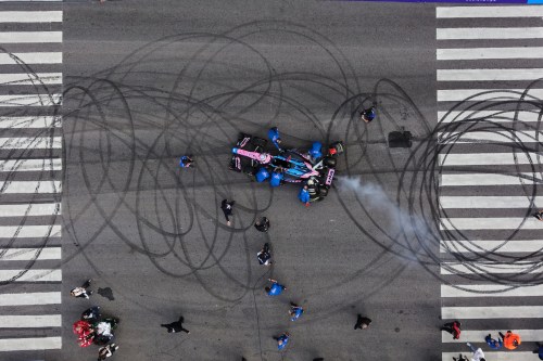 Argentine Alpine Formula 1 driver Franco Colapinto drives during a demonstration run in Buenos Aires, Argentina, Sunday, April 26, 2026. (AP Photo/Rodrigo Abd)