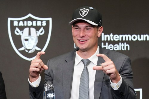 Las Vegas Raiders first-round draft pick Fernando Mendoza speaks during an NFL football news conference Friday, April 24, 2026, in Henderson, Nev. (AP Photo/Candice Ward)