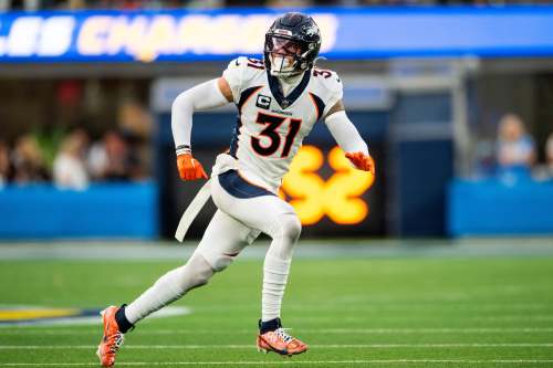FILE - Denver Broncos safety Justin Simmons (31) runs during an NFL football game against the Los Angeles Chargers, Sunday, Dec. 10, 2023, in Inglewood, Calif. (AP Photo/Kyusung Gong, File)
