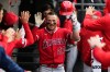 Los Angeles Angels' Mike Trout celebrates in the dugout with teammates after hitting a solo home run during the fourth inning of a baseball game against the Chicago White Sox in Chicago, Wednesday, April 29, 2026. (AP Photo/Nam Y. Huh)