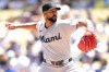Miami Marlins' Sandy Alcantara (22) pitches against the Los Angeles Dodgers in the second inning of a baseball game Wednesday, April 29, 2026, in Los Angeles. (AP Photo/Scott Strazzante)