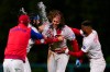 Philadelphia Phillies' Alec Bohm, secind from right, celebrates with teammates after his walkoff sacrifice fly during the 10th inning of the second baseball game of a doubleheader against the San Francisco Giants, Thursday, April 30, 2026, in Philadelphia. (AP Photo/Derik Hamilton)