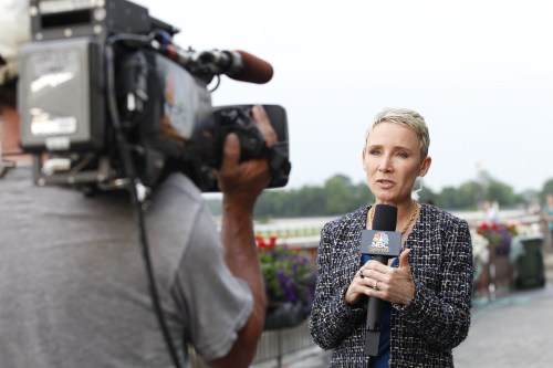 Donna Brothers speaks during a feature for NBC Sports before the Belmont Derby horse race at Belmont Park in Elmont, N.Y., in 2012. (Michael Cohen/NBC via AP)