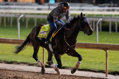 Kentucky Derby alternate Robusta works out at Churchill Downs Thursday, April 30, 2026, in Louisville, Ky. (AP Photo/Charlie Riedel)