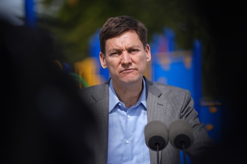 B.C. Premier David Eby pauses while speaking during an announcement about funding for new school playgrounds, in Burnaby, B.C., on Friday, May 1, 2026. THE CANADIAN PRESS/Darryl Dyck