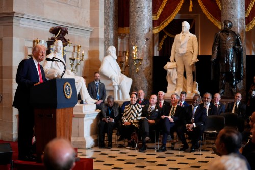 FILE - President Donald Trump speaks during the National Prayer Breakfast, at the Capitol in Washington, Feb. 6, 2025. (AP Photo/Evan Vucci, File)