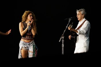 Colombian singer Shakira and Brazilian singer Caetano Veloso take part in a rehearsal a day ahead of Shakira's free concert, on Copacabana beach, in Rio de Janeiro, Friday, May 1, 2026. (AP Photo/Bruna Prado)