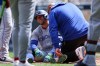 Toronto Blue Jays designated hitter George Springer is tended to after getting hit by a pitch during the third inning of a baseball game against the Minnesota Twins, Saturday, May 2, 2026, in Minneapolis. (AP Photo/Matt Krohn)