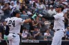 New York Yankees' Cody Bellinger, right, celebrates withJasson Domínguez after hitting a home run during the fifth inning of a baseball game against the Baltimore Orioles Saturday, May 2, 2026, in New York. (AP Photo/Frank Franklin II)