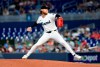 Miami Marlins pitcher Max Meyer pitches during the first inning of a baseball game against the Philadelphia Phillies, Saturday, May 2, 2026, in Miami. (AP Photo/Michael Laughlin)