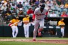 Cleveland Guardians' Angel Martínez starts to run after hitting a single in the third inning of a during a baseball game against the Athletics Saturday, May 2, 2026, in West Sacramento, Calif. (AP Photo/Alan Greth)