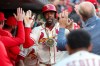 St. Louis Cardinals' Jordan Walker is congratulated by teammates after hitting a two-run home run during the third inning of a baseball game against the Los Angeles Dodgers Saturday, May 2, 2026, in St. Louis. (AP Photo/Scott Kane)