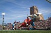 Cagliari's Alessandro Deiola scores a goal but referee Valerio Crezzini cancels the goal, during the Italian Serie A soccer match between Bologna and Cagliari, in Bologna, north Italy, Sunday, May 3, 2026. (Massimo Paolone/LaPresse via AP)
