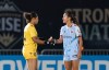 AFC Toronto goalkeeper Sierra Cota-Yarde (left) is congratulated by teammate Sarah Rollins after defeating the Vancouver Rise in an NSL soccer match, in Burnaby, B.C., on Friday, April 24, 2026. THE CANADIAN PRESS/Rich Lam