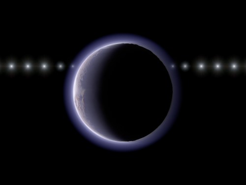 This image provided by NAOJ shows artist’s impression of the trans-Neptunian object (612533) 2002 XV93 occulting a background star. Observations of a stellar occultation in January 2024 revealed gradual fading and recovery of the starlight, providing evidence for a very thin atmosphere around the object. (Ko Arimatsu/NAOJ via AP)