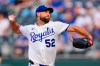 Kansas City Royals starting pitcher Michael Wacha throws during the first inning of a baseball game against the Cleveland Guardians, Monday, May 4, 2026, in Kansas City, Mo. (AP Photo/Charlie Riedel)