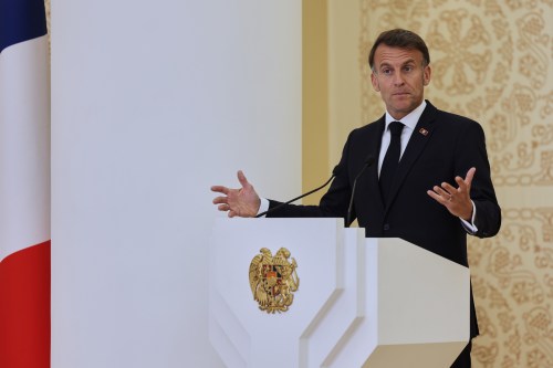 French President Emmanuel Macron addresses a media conference during the EU-Armenia summit at the Presidential Palace in Yerevan, Armenia, Tuesday, May 5, 2026. (AP Photo/Anthony Pizzoferrato)