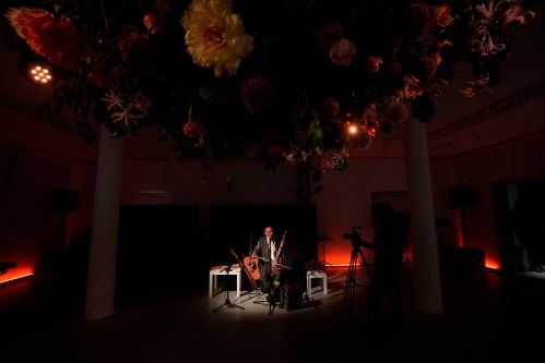 Musician Alexey Khovalyg performs inside the Russia pavilion at the Venice 2026 Biennale Art, Italy, Tuesday, May 5, 2026. (AP Photo/Luca Bruno)