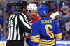 Sabres winger Zach Benson (6) and Montreal Canadiens counterpart Zachary Bolduc (76) are separated during the second period in Game 1 in Buffalo, N.Y., on Wednesday, May 6, 2026.