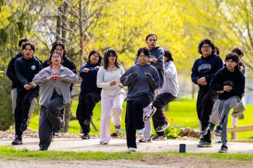 Dancers from St. Theresa Point Anisininew Nation in Manitoba dance at Tim Hortons Foundation Camp in Brant, Ont., on Thursday, May 7, 2026, as part of a week-long dance camp organized by Outside Looking In (OLI), a national program using dance to support school engagement among 110 Indigenous youth from 11 First Nation and Inuit communities across Canada. THE CANADIAN PRESS/Carlos Osorio